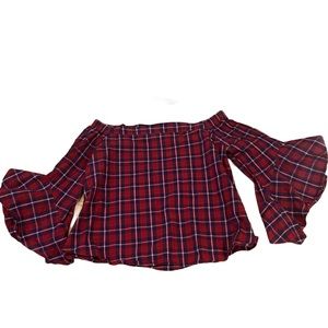 Red Plaid Off-Shoulder Flutter Sleeve Blouse M